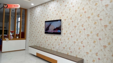 Giấy dán tường Hàn Quốc hoa văn hiện đại làm điểm nhấn cho phòng khách. Tạo không gian phòng khách tươi đẹp và sang trọng hơn.